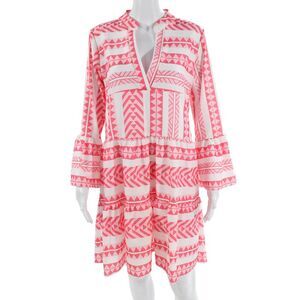 Designer Women Kaftan Dress Pink V-Neck Geometric Nylon Long Sleeve Size M